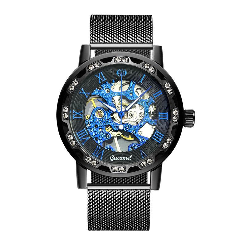 GESMART Men's Hand Winding Mechanical Skeleton Watch Crystal Studded Classic Casual Fashion