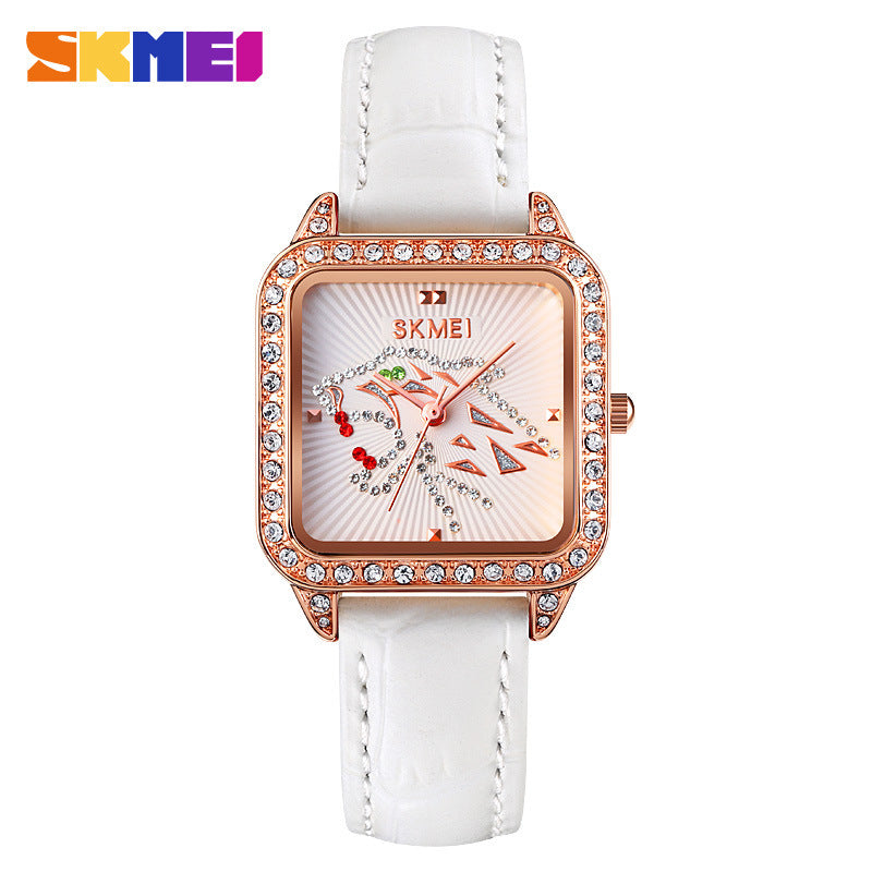 GESMART Women's Square Dial Quartz Watch Diamond Studded Leather Band Water Resistant Student Fashion