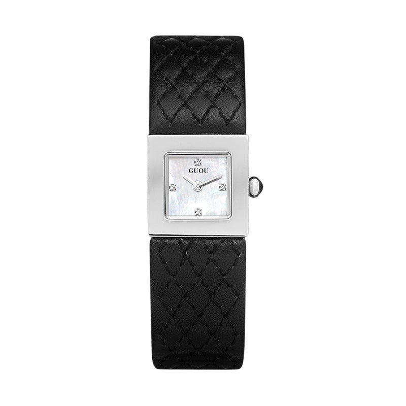 Women's Minimalist Small Square Leather-Strap Commuter Quartz Watch