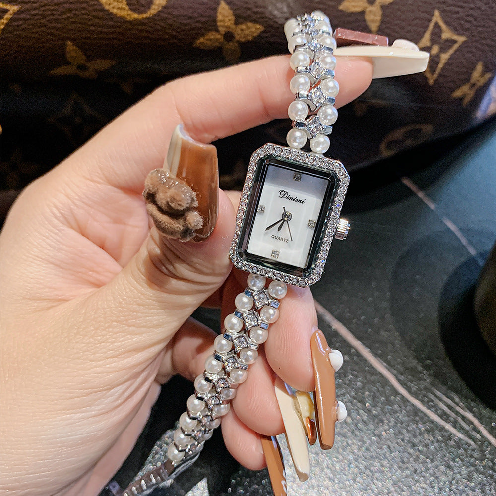 GESMART Women's Square Pearl Bracelet Watch Mother of Pearl Dial Retro Chic Style Diamond Studded