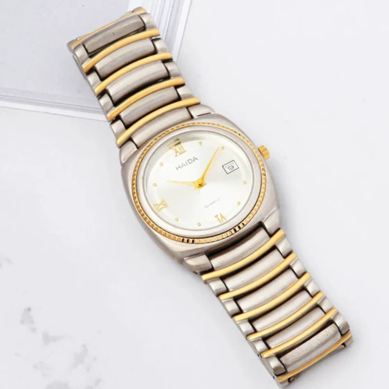 HAIDA Men's Quartz Watch Roman Numerals Yellow White Dial Steel Business NOS