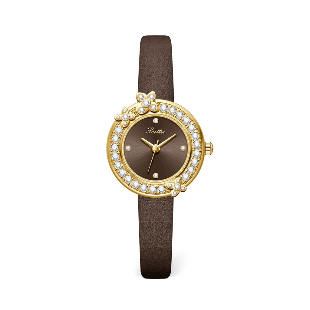 GESMART Women's French Floral Rhinestone Quartz Watch Leather Band Diamond Studded Commuter Ladies Wristwatch