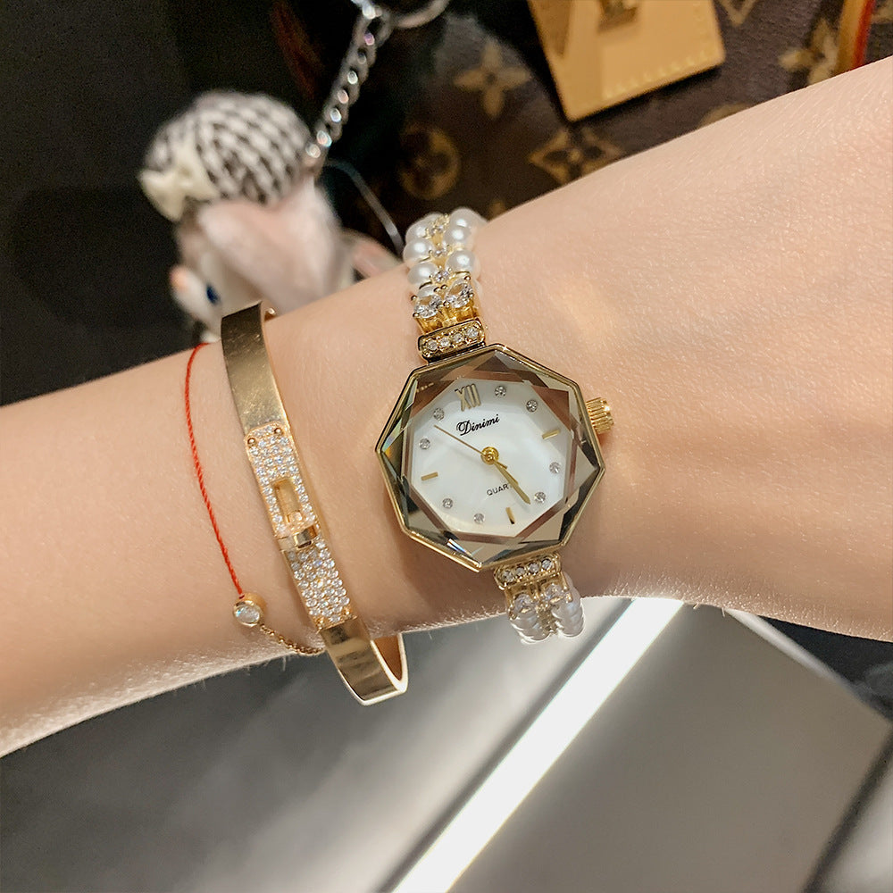 Women's Pearl Bracelet Rhinestone Quartz Watch
