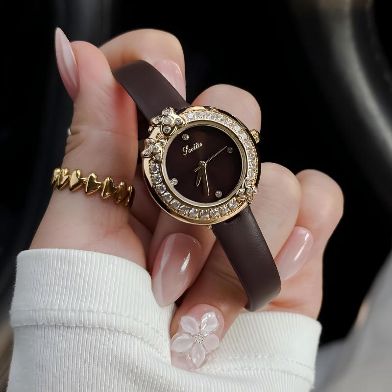 GESMART Women's French Floral Rhinestone Quartz Watch Leather Band Diamond Studded Commuter Ladies Wristwatch