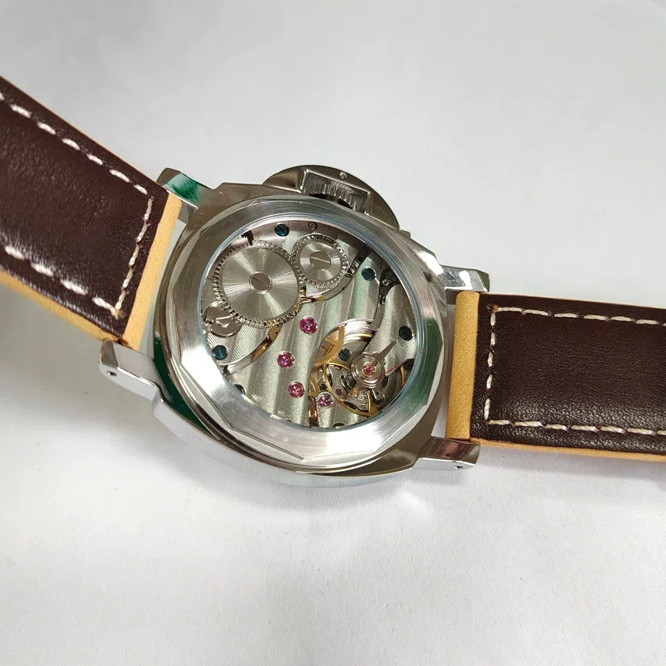 Men's 44mm Manual Wind Watch Sapphire Crystal Polished Steel Green Lume Dial