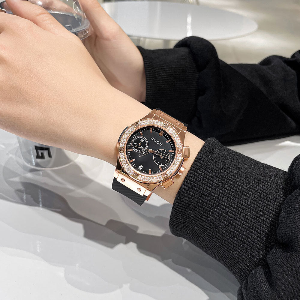 GESMART Women's Large Dial Silicone Band Watch Multifunction Rhinestone Calendar Fashion Trendy