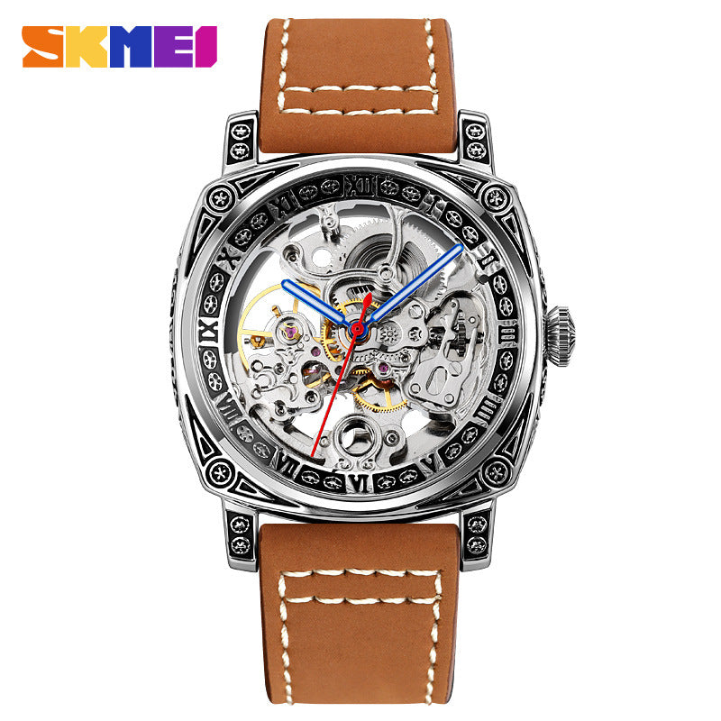 GESMART Men's Square Engraved Automatic Mechanical Watch Double Sided Skeleton Leather Band Water Resistant