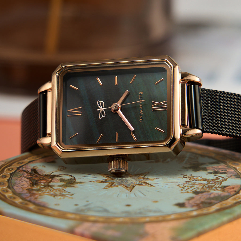 Women's Green Square Watch with Steel Band