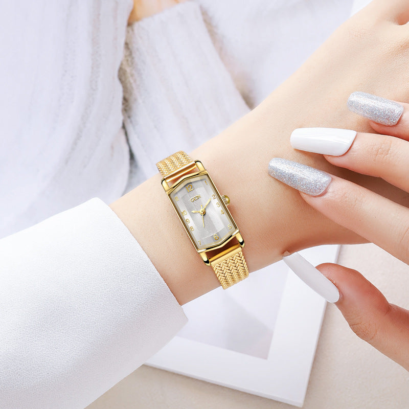 Women's Vintage Leather Mesh Small Square Gold-Tone Quartz Watch