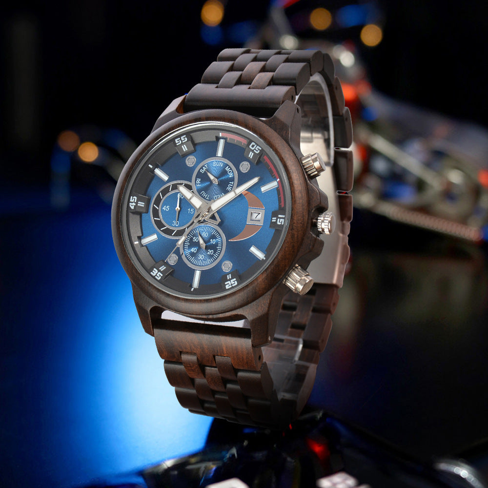 Men's Sandalwood Wooden Three-Eye Multi-Function Quartz Watch