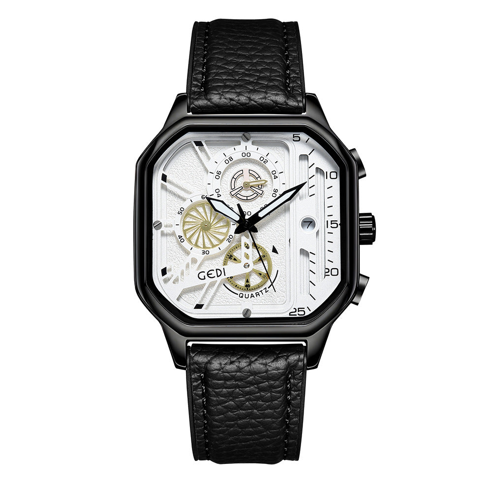 GESMART Men's Square Large Dial Quartz Watch Leather Band Stylish Low Key Personality Design