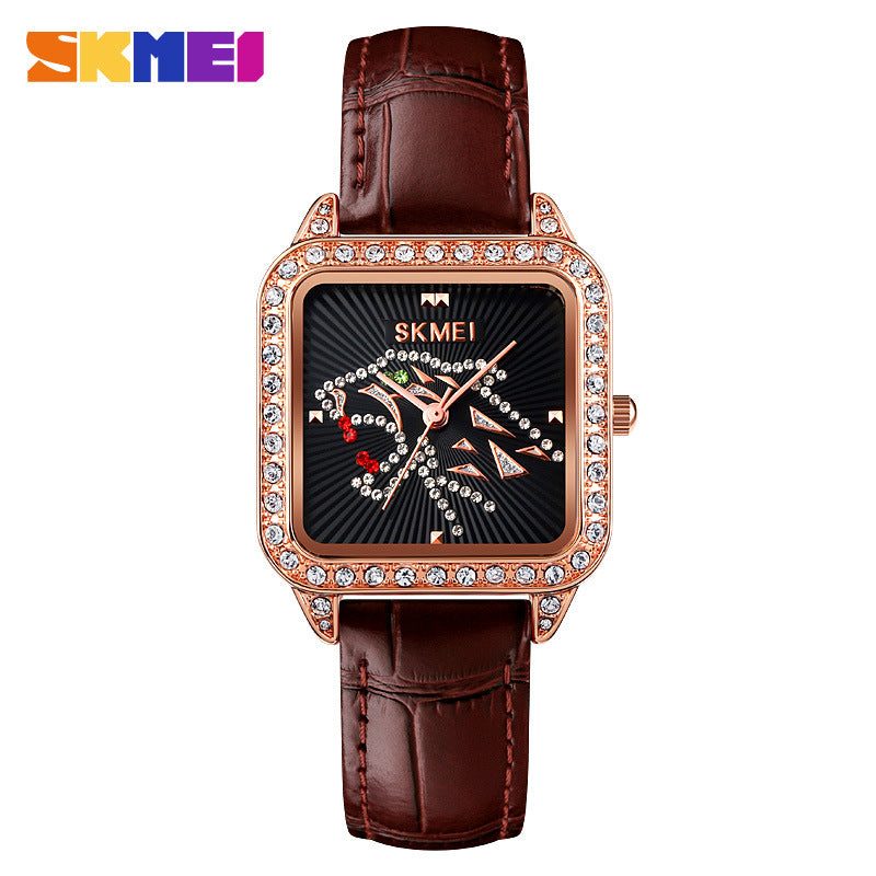 GESMART Women's Square Dial Quartz Watch Diamond Studded Leather Band Water Resistant Student Fashion