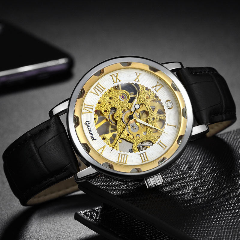 GESMART Men's Gold Tone Steel Band Skeleton Hand Winding Mechanical Watch Fashion Trendy