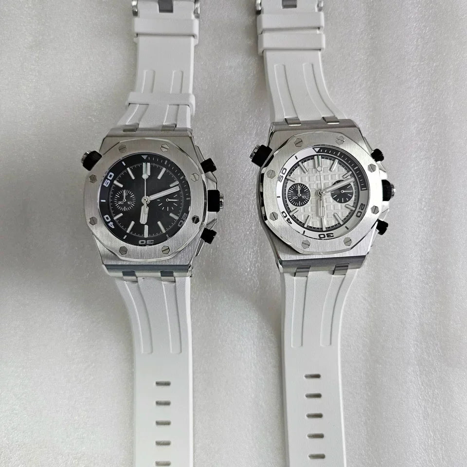 Men's 42mm Watch Dual Crown Steel Case Rubber Strap VK64 Movement
