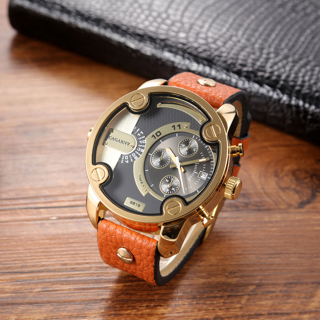 Men's Large-Dial Calendar Leather-Strap Quartz Watch
