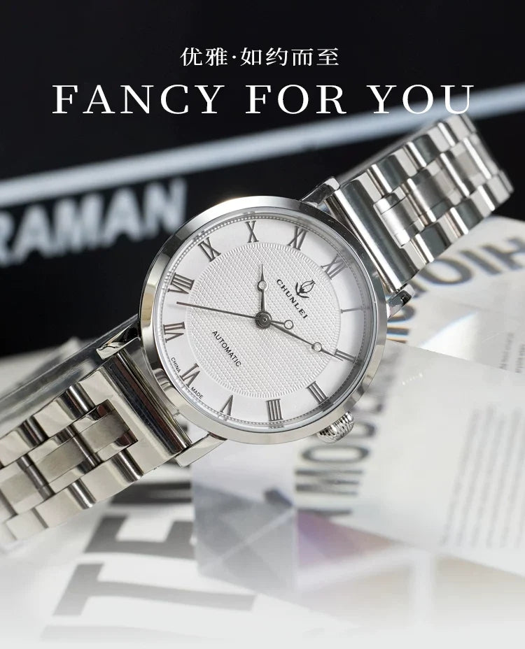Chunlei Ladies Mechanical Watch Exhibition Back Solid Steel Bracelet Fashion