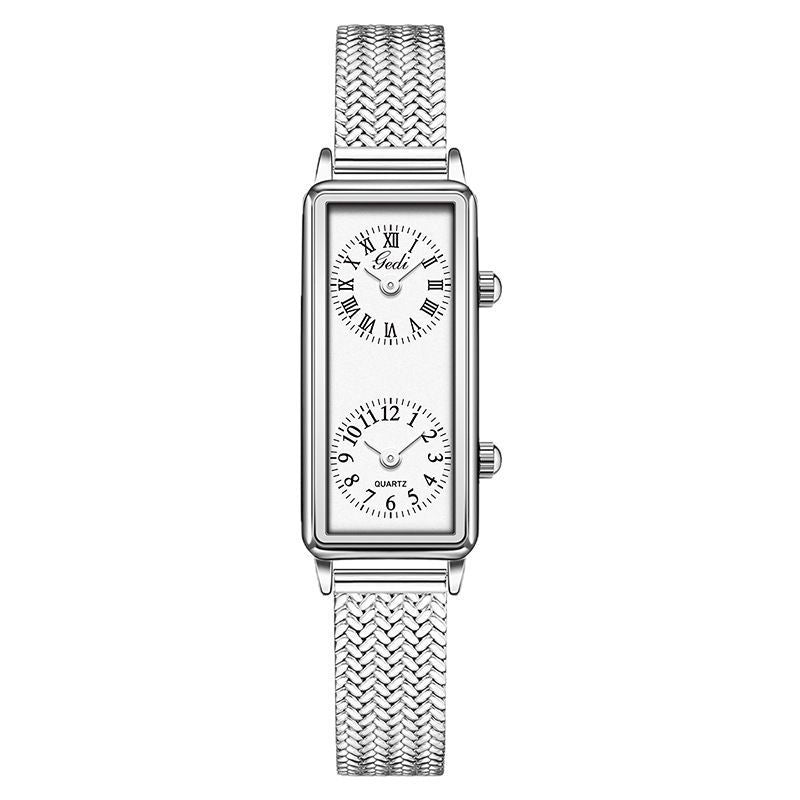 Women's Vintage Roman Numeral Small Square Dual-Time Mesh-Band Quartz Watch