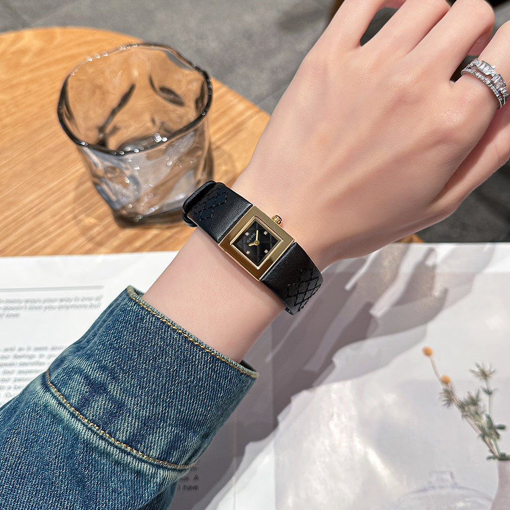 Women's Minimalist Small Square Leather-Strap Commuter Quartz Watch