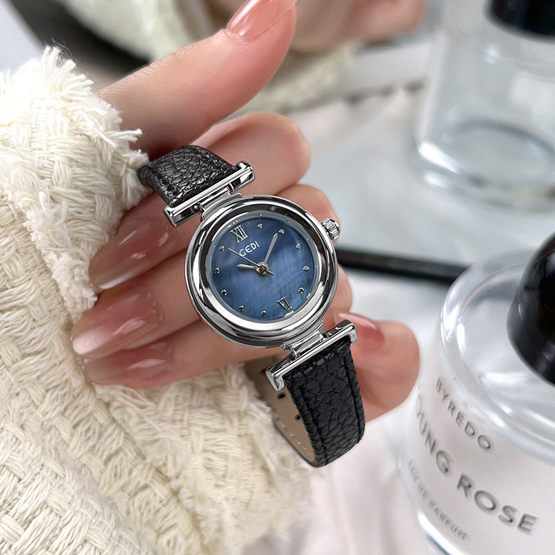 Women's Mother-of-Pearl Small Round Leather-Strap Quartz Watch