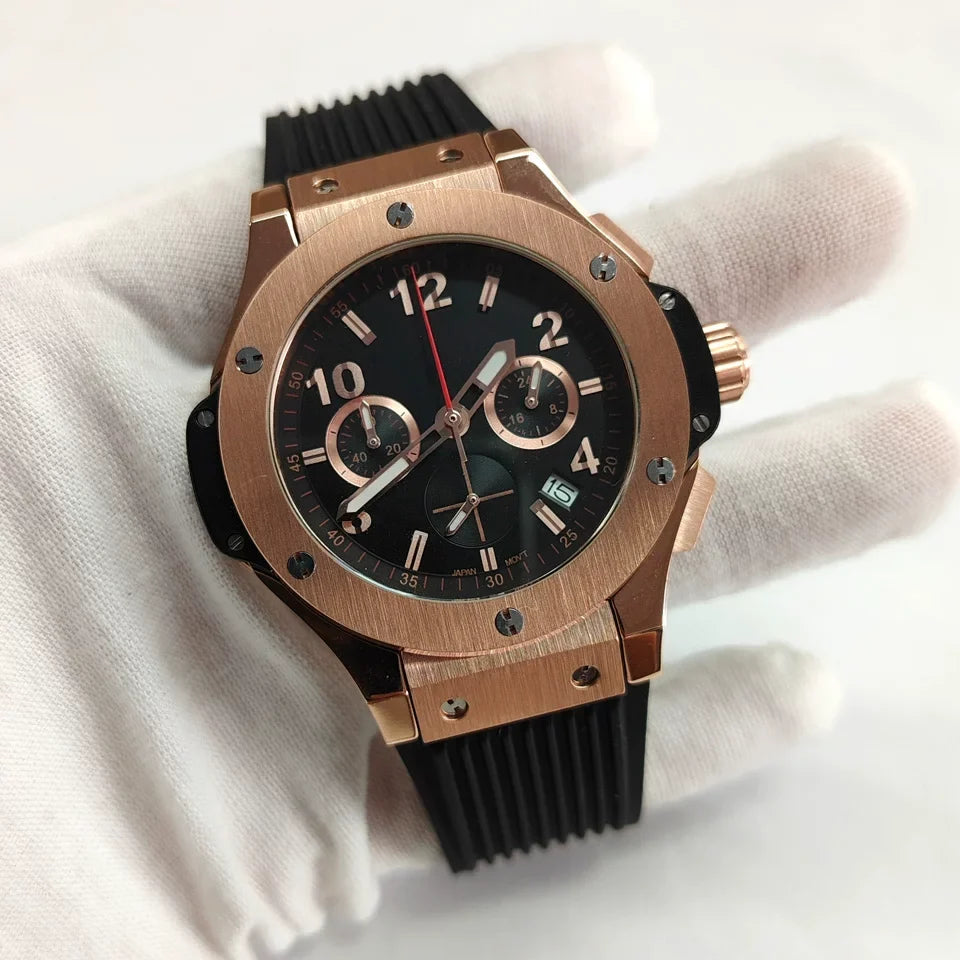 New Rose Gold 42.5mm Quartz Watch Steel Case Rubber Strap VK63 Mineral Glass