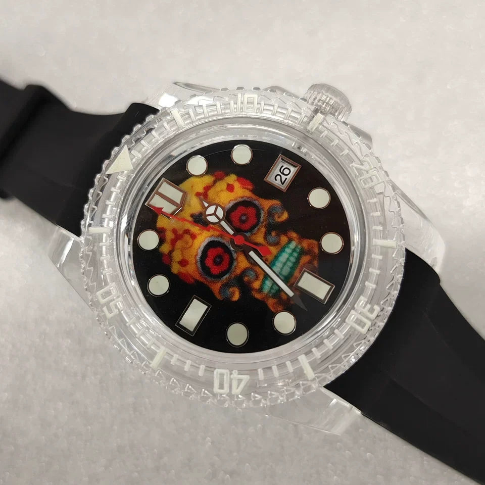 New Transparent 40mm Mechanical Watch Green Luminous Dial NH35 Movement