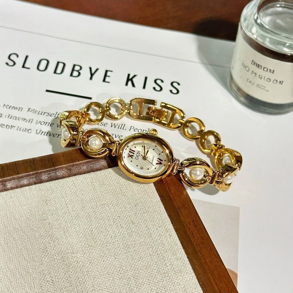 Women's Vintage Pearl Gold-Tone Bracelet Quartz Watch