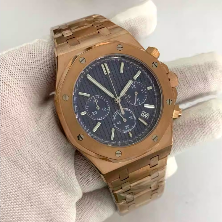 No Logo Rose Gold Men's 41mm Octagonal Quartz Chronograph Steel VK63 Movement