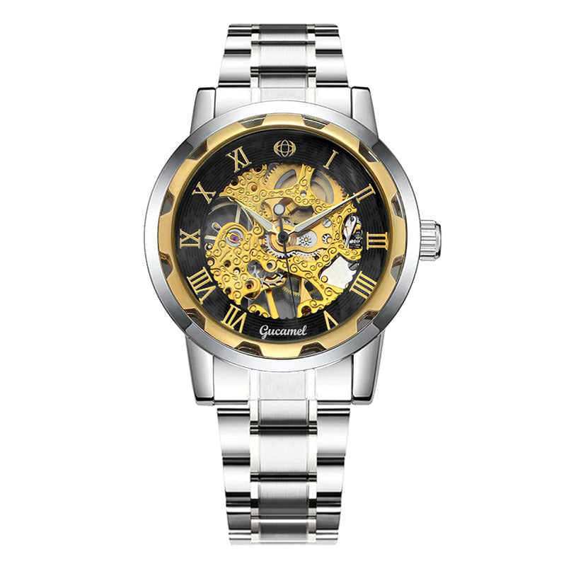 GESMART Men's Gold Tone Steel Band Skeleton Hand Winding Mechanical Watch Fashion Trendy