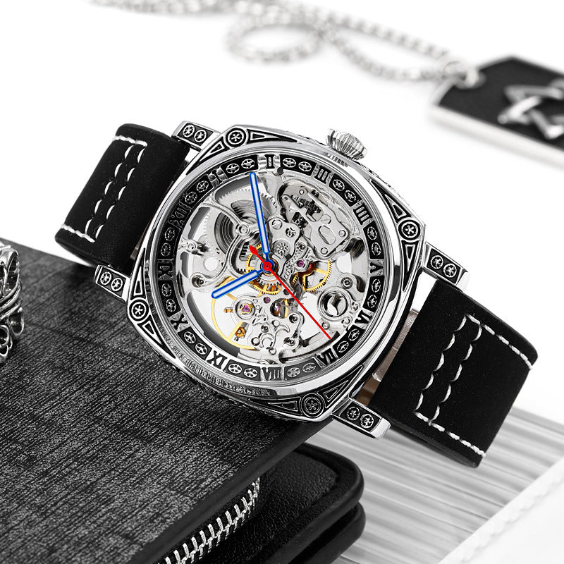 GESMART Men's Square Engraved Automatic Mechanical Watch Double Sided Skeleton Leather Band Water Resistant