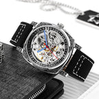 GESMART Men's Square Engraved Automatic Mechanical Watch Double Sided Skeleton Leather Band Water Resistant