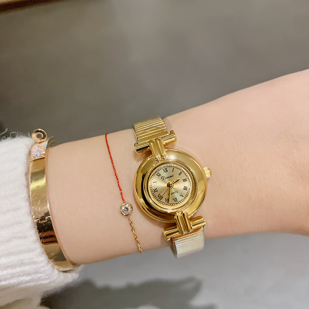 Women's Round Roman-Numeral Leather-Strap Quartz Watch