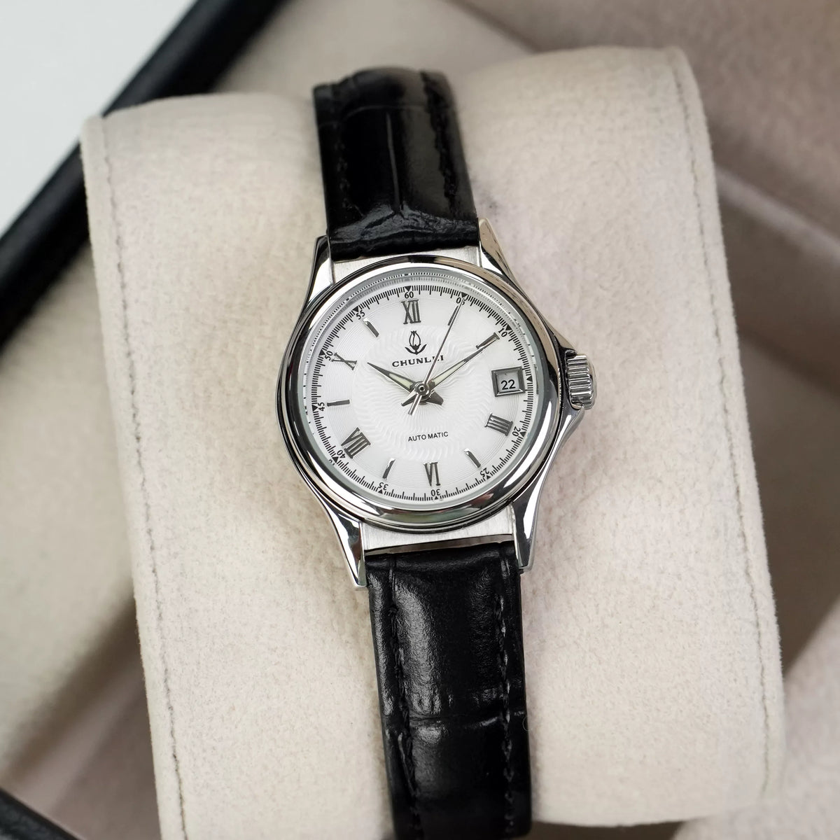 Chunlei Ladies Mechanical Watch Date Leather Strap Steel Minimalist Student