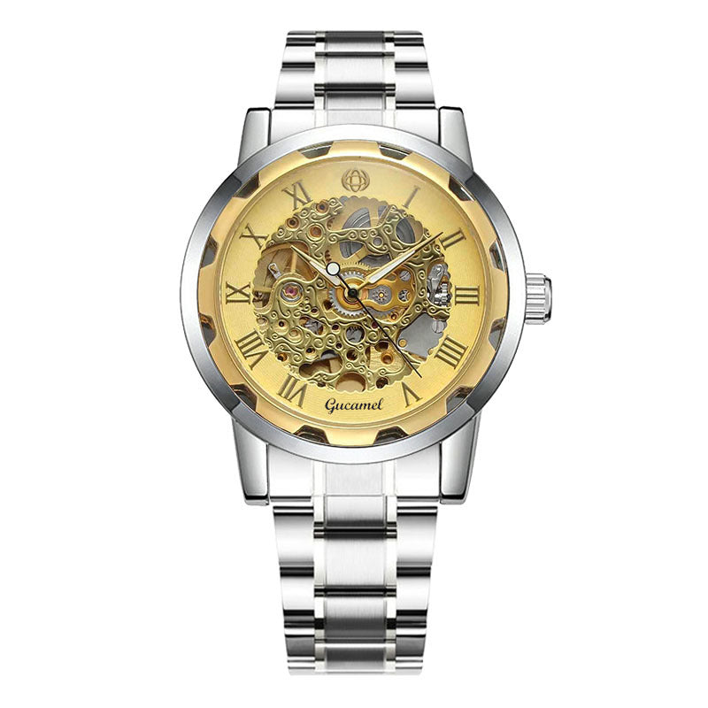 GESMART Men's Gold Tone Steel Band Skeleton Hand Winding Mechanical Watch Fashion Trendy