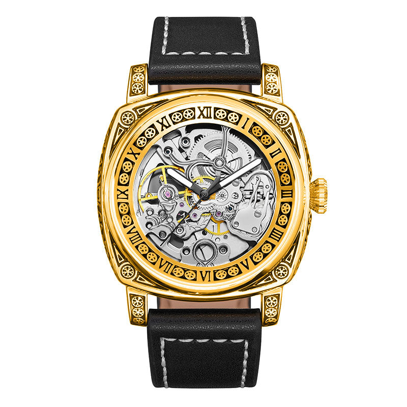 GESMART Men's Retro Engraved Skeleton Mechanical Watch Genuine Leather Water Resistant European Style