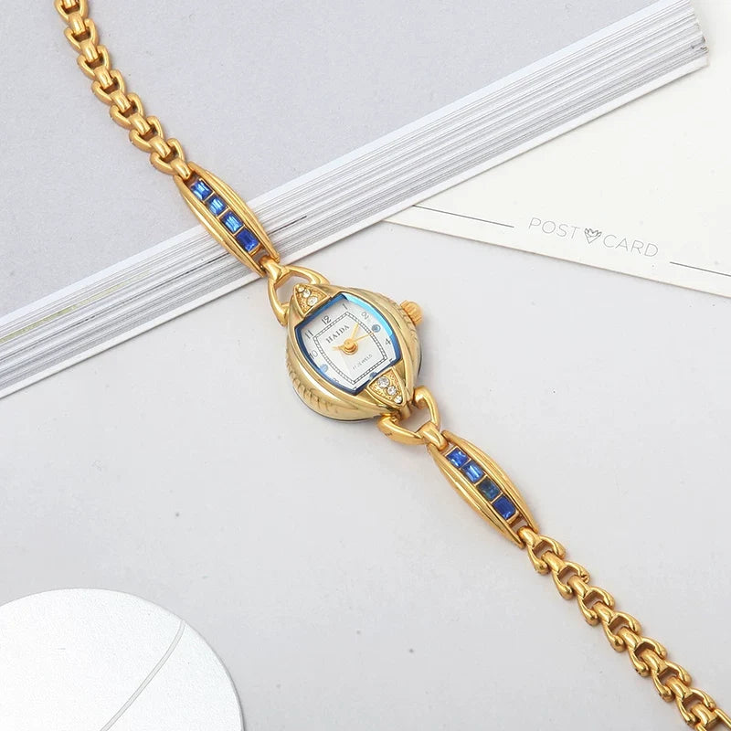 HAIDA Ladies Manual Wind Mechanical Watch Gold-Plated Blue Glass Crystal Fashion