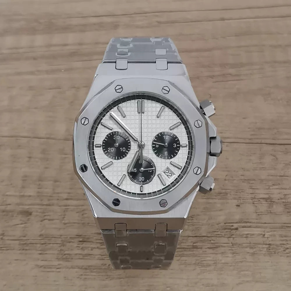 Men's 41mm Quartz Chronograph Watch Stainless Steel Case Bracelet VK63 Movement
