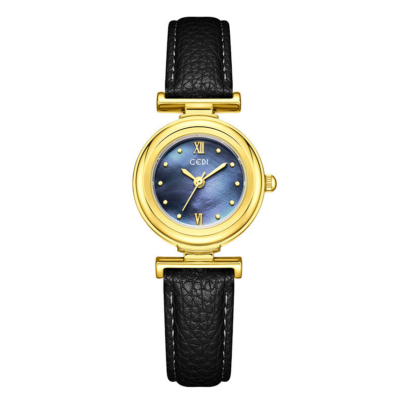 Women's Mother-of-Pearl Small Round Leather-Strap Quartz Watch
