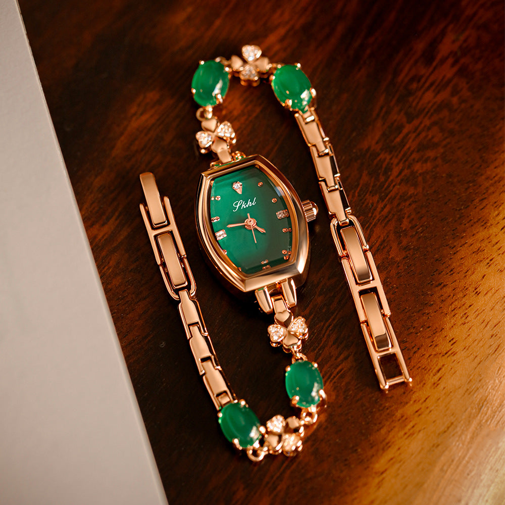 GESMART Women's Chalcedony Bracelet Watch Tonneau Shape Green Dial Retro Romantic Ladies Wristwatch
