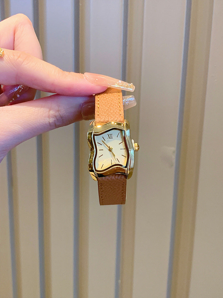 Women's Irregular Wavy Small Square Litchi-Leather French Vintage Watch