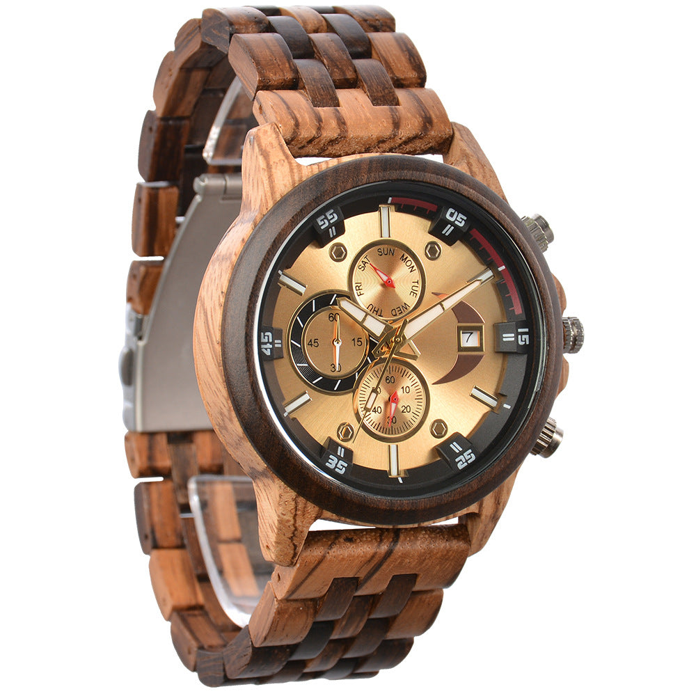 Men's Sandalwood Wooden Three-Eye Multi-Function Quartz Watch