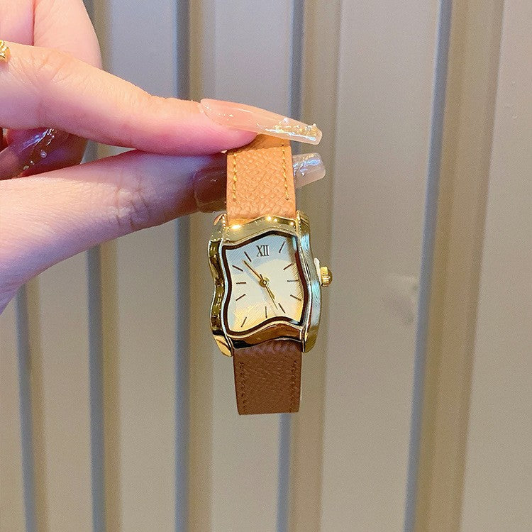 Women's Irregular Wavy Small Square Litchi-Leather French Vintage Watch