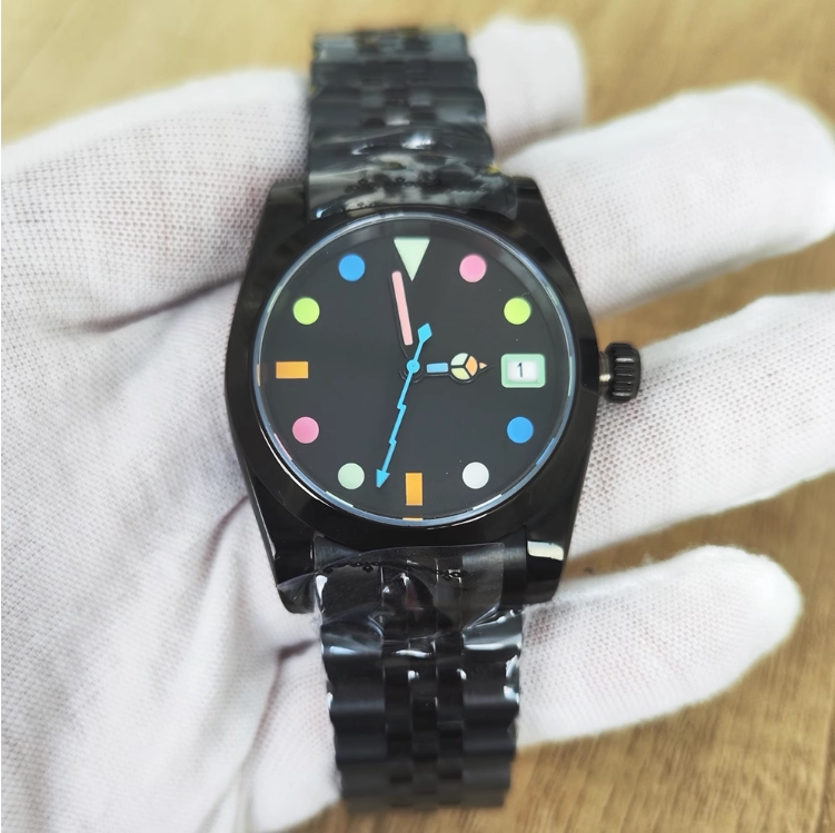 Men's 36mm PVD Black Oyster 5-Link Bracelet Colorful Lume NH35 Watch