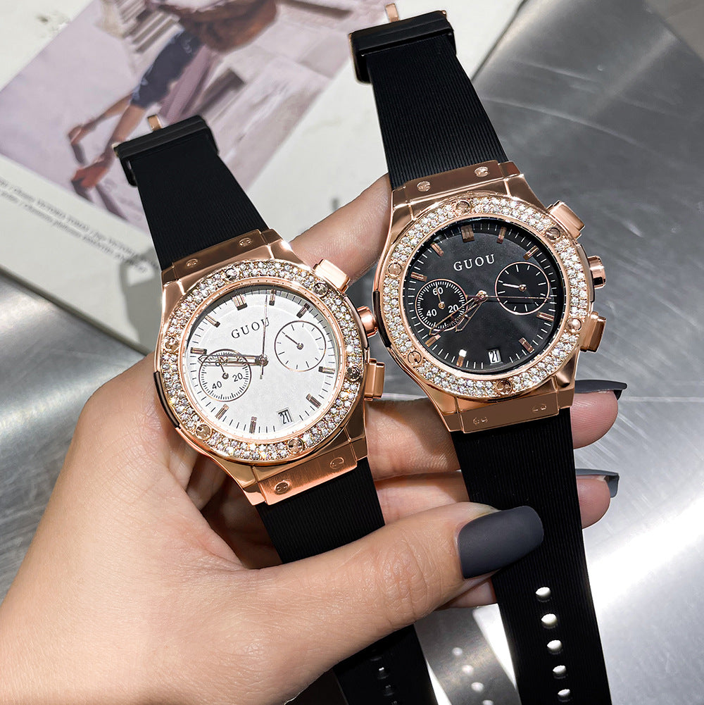 GESMART Women's Large Dial Silicone Band Watch Multifunction Rhinestone Calendar Fashion Trendy
