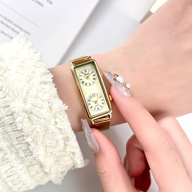 Women's Vintage Roman Numeral Small Square Dual-Time Mesh-Band Quartz Watch