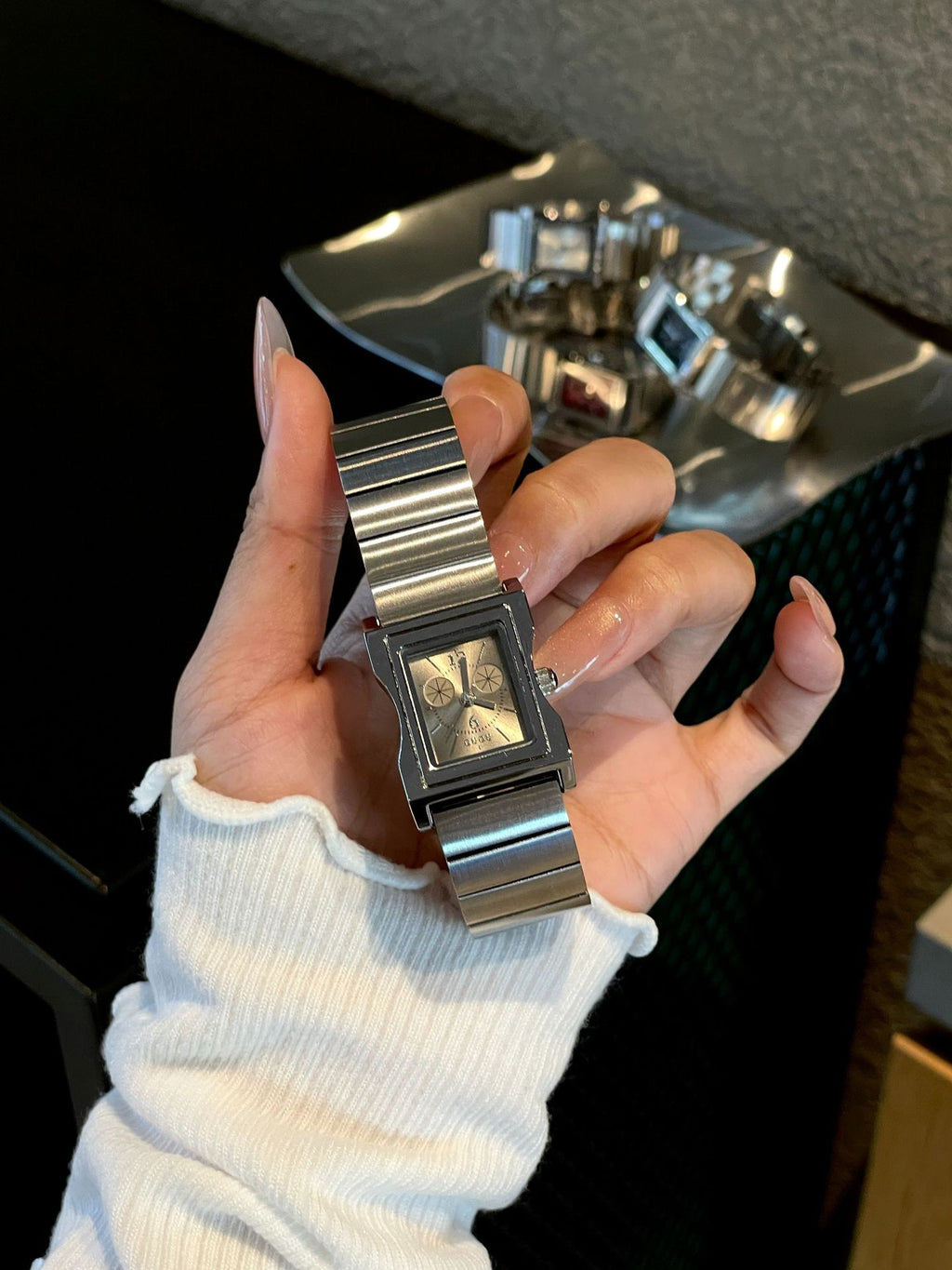 Women's Vintage Small Square Silver Bamboo Steel-Band Quartz Watch
