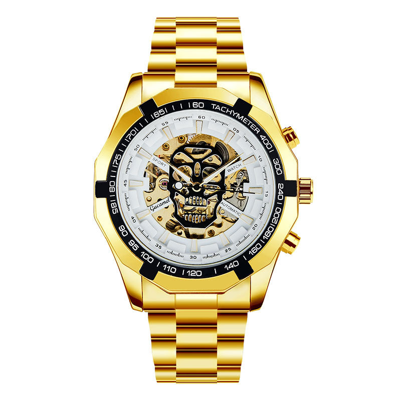 GESMART Men's Gold Tone Skeleton Automatic Mechanical Watch Skull Design Business Trendy