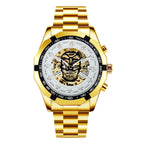 GESMART Men's Gold Tone Skeleton Automatic Mechanical Watch Skull Design Business Trendy
