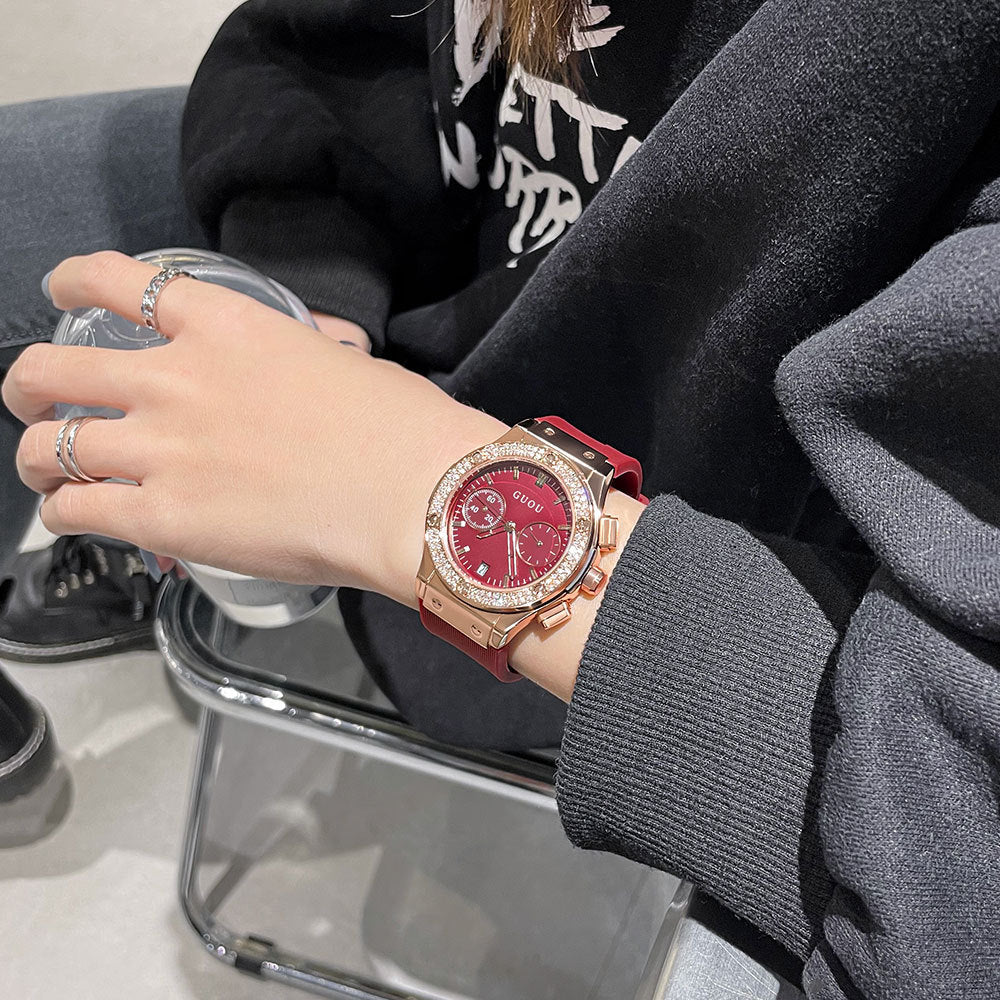 GESMART Women's Large Dial Silicone Band Watch Multifunction Rhinestone Calendar Fashion Trendy