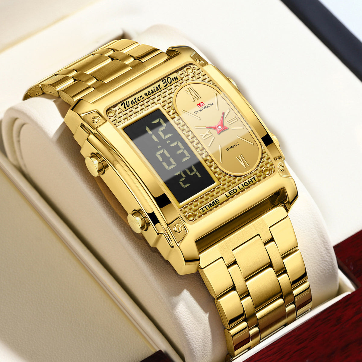 GESMART Men's Dual Movement Dual Display Square Digital Watch Multifunction Water Resistant Creative