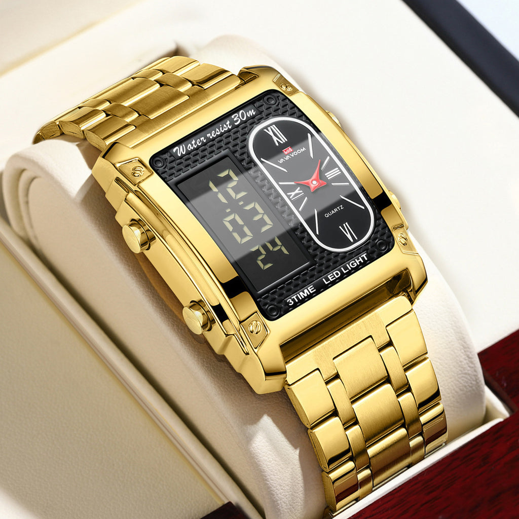GESMART Men's Dual Movement Dual Display Square Digital Watch Multifunction Water Resistant Creative